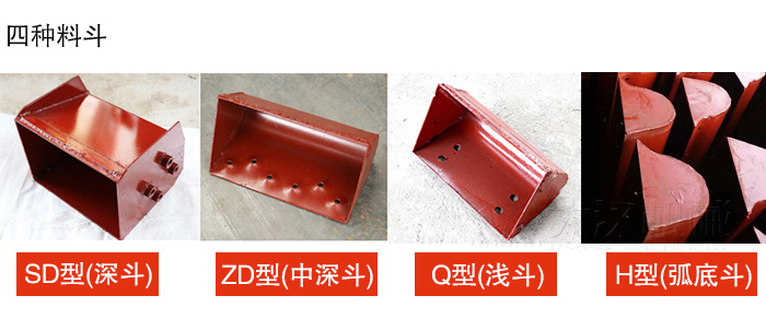 四种料斗Q型(浅斗)、H型(弧底斗)、ZD型(中深斗)SD型(深斗)展示图